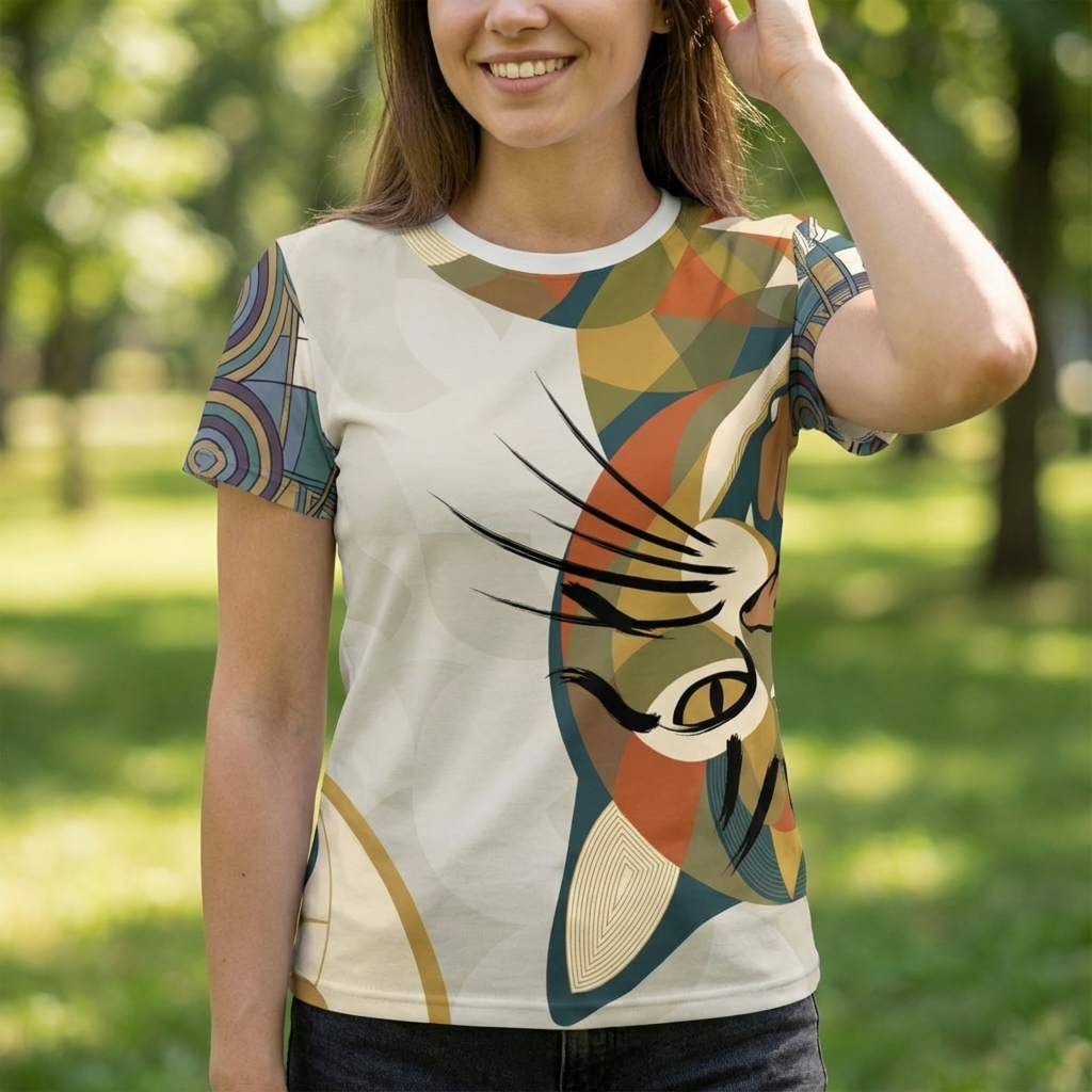 Navy blue t-shirt featuring a playful sacred-geometry cat with an upside-down yawn; lifestyle studio shot.