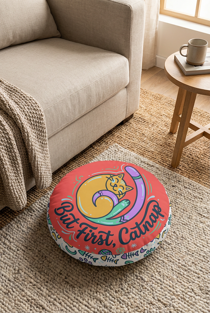 Round tufted floor pillow in warm coral (#FF6B6B) and mint surrounding a curled cat line-art design; lifestyle shot showing cozy winter interior with the cat-inspired cushion.