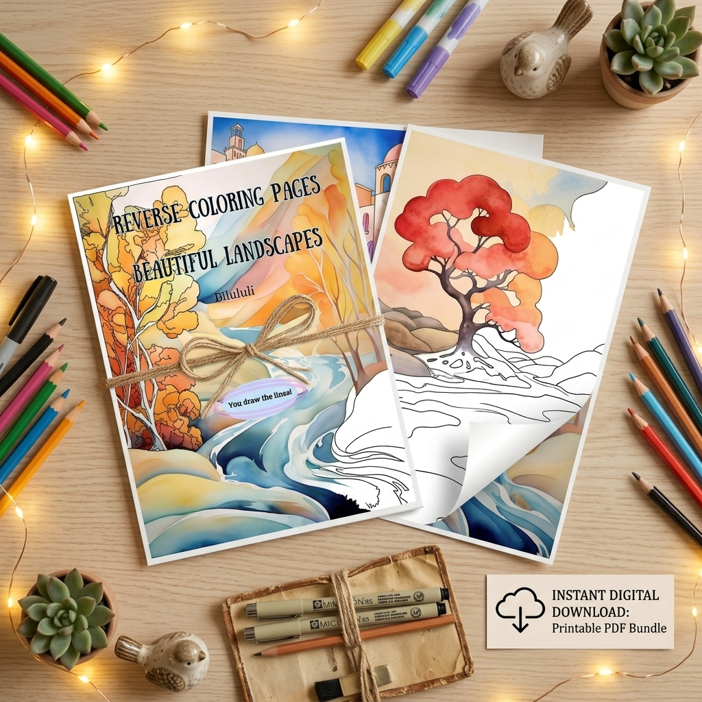 Coloring book with landscape pages on a wooden table with art supplies and decorative lights.
