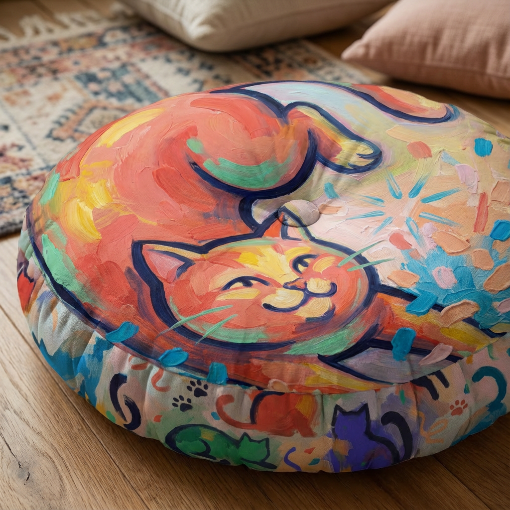 Close-up of a Confetti Cat Cozy Floor Pillow in bright yellow (#FFCB3B) with multicolored confetti patterns, New Year celebration 2026 festive, cozy, playful design; lifestyle setting showing a comfy home corner.