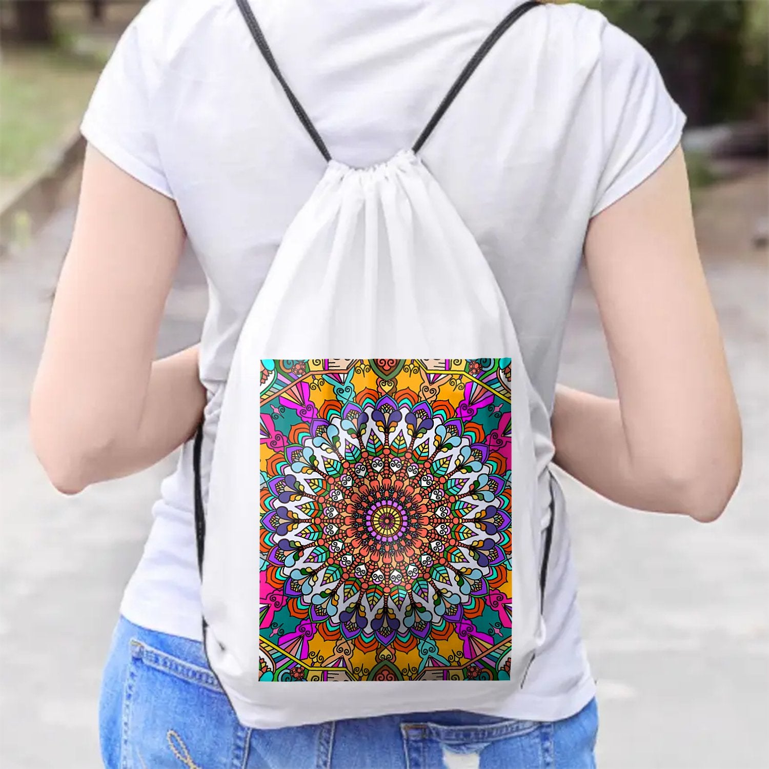 Zaino - White Drawstring Bag with Mandalas - Blululi