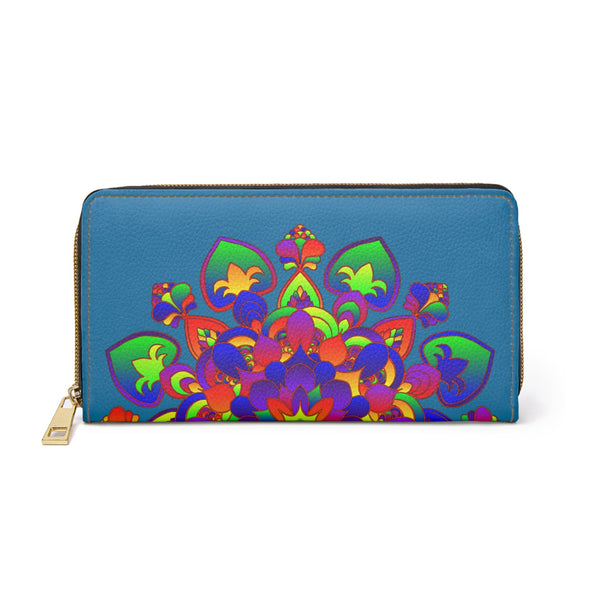 Zipper Wallet With Radiant Rainbow Mandala Design On Blue Background
