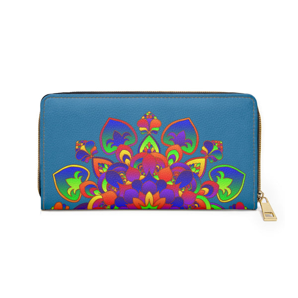 Zipper Wallet With Radiant Rainbow Mandala Design On Blue Background