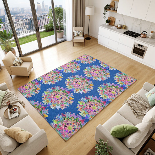 Mandala-Teppiche in strahlendem Blau mit skurrilen Blumenmustern